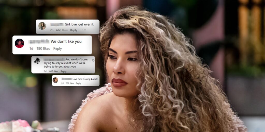 Jackie Bonds from Love is Blind season 4 looking pensive with comments beside her