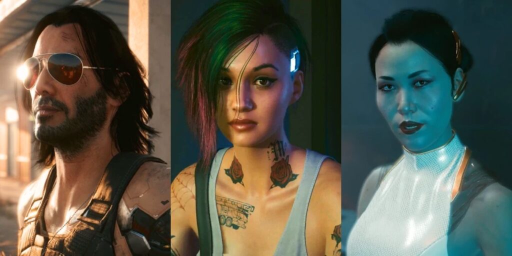 Close-up shots of Johnny Silverhand, Judy Alvarez, and Hanako Arasaka from Cyberpunk 2077.