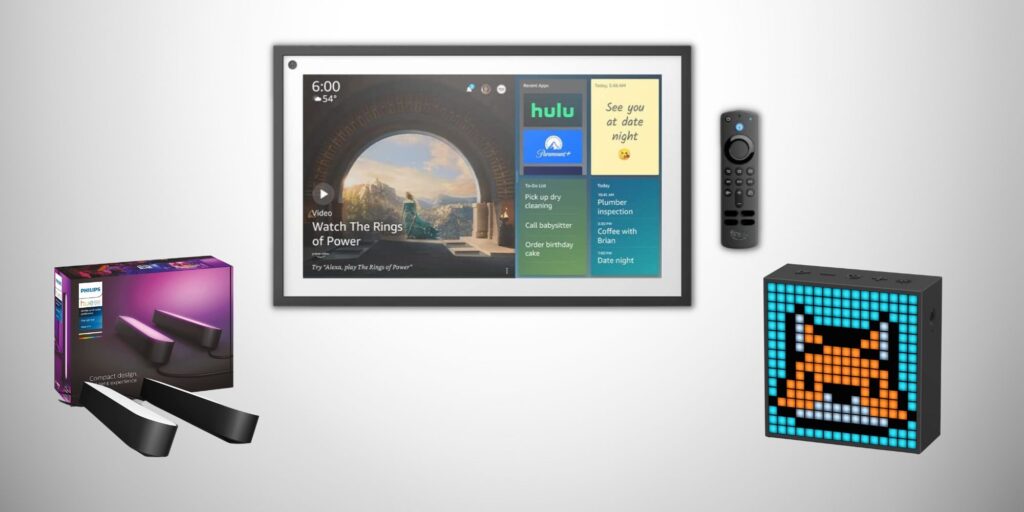 Collage of the Echo Show 15, Philips Hue Lights, and Devoom Pixel Art Speaker over a gray gradient background