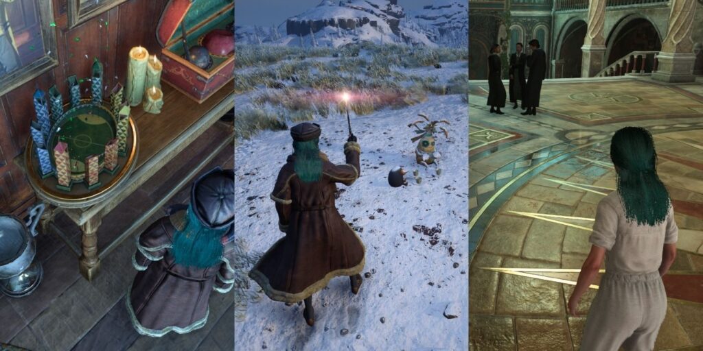 Images of a student next to a mini Quidditch pitch, above a tea party between stuffed animals, and wearing pajamas in Hogwarts Legacy.