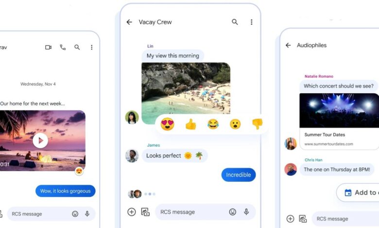 Three smartphone screenshots showing different Google Messages features
