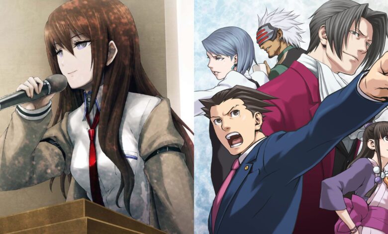 Featured image Makise Kurisu speaks into a microphone in the Steins Gate visual novel and Phoenix Wright trilogy cover art