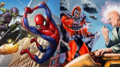 Side by side images of Spider Man and the Green Goblin next to Magneto and Professor X.