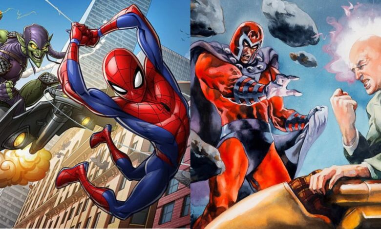 Side by side images of Spider Man and the Green Goblin next to Magneto and Professor X.