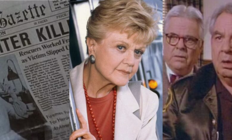 A split image features a newspaper headline, Jessica Fletcher, and Dr. Hazlitt with Sheriff Tupper in Murder, She Wrote