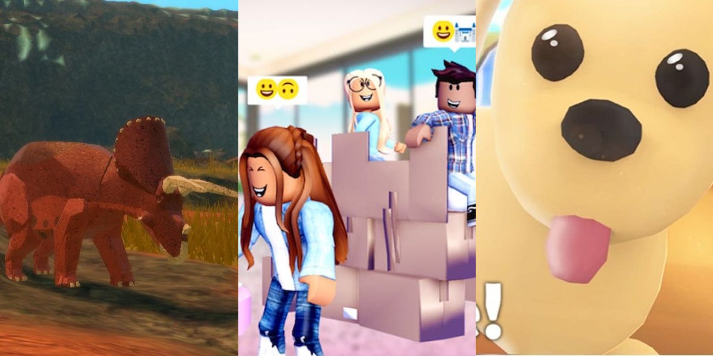Scenes from three Roblox games, showing a triceratops, several characters with a cardboard box fort, and a dog sticking out its tongue