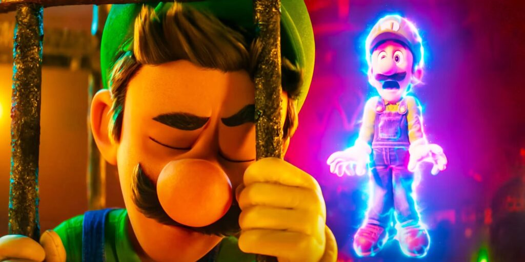 Two images of Luigi in The Super Mario Bros. Movie