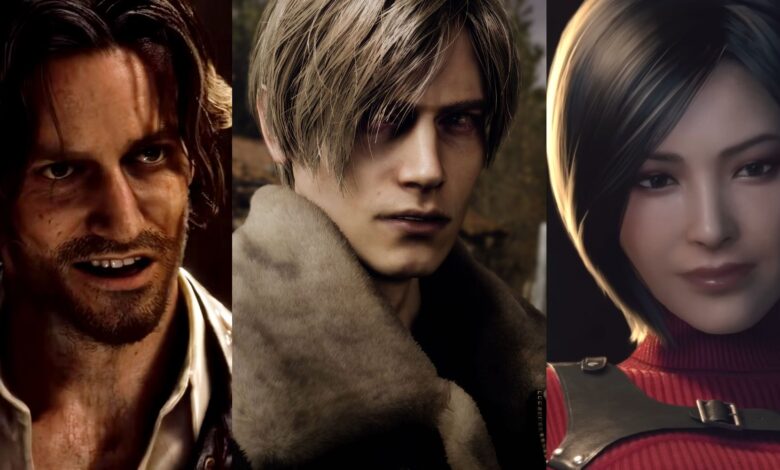 A vertically split image showing close-ups of three Resident Evil 4 characters in the remake - Luis, Leon, and Ada.