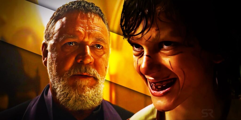 Russell Crowe as Father Amorth in The Pope's Exorcist, next to a possessed character from the film.