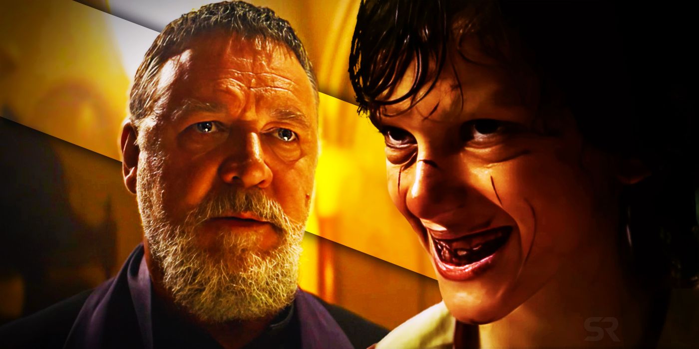 Russell Crowe as Father Amorth in The Pope's Exorcist, next to a possessed character from the film.