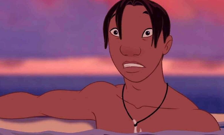 David from Lilo and Stich animated movie holding a surf board and floating in water