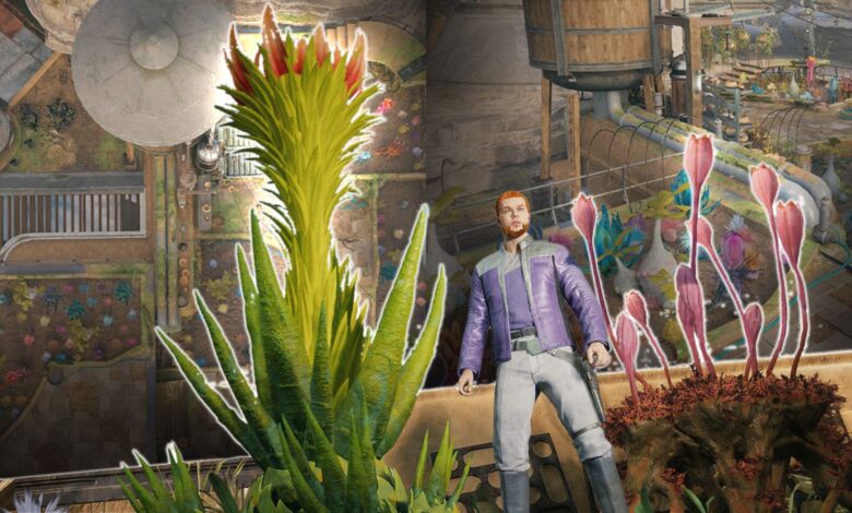 image of cal kestis from star wars jedi survivor infront of plants and the garden plot behind