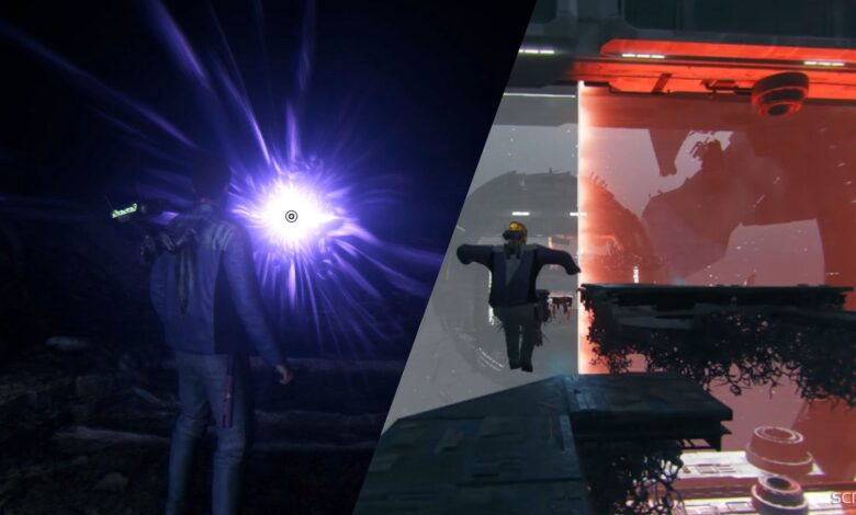 left: purple glowing entrance to fractured resolve force tear, right: cal jumping over platforms in star wars jedi survivor