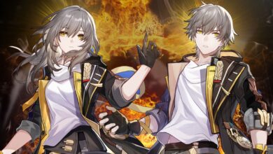Honkai Star Rail's female Trailblazer to the left and the male version to the right. Behind them are rising flames.