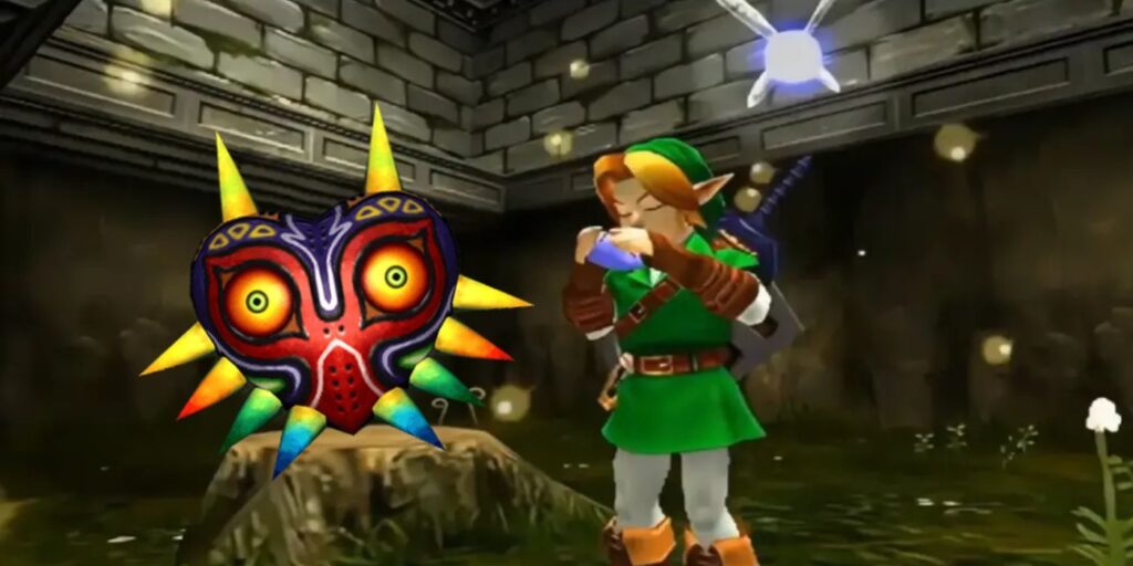 Link In Ocarina Of Time With Navi And Majora's Mask sitting on a nearby tree stump