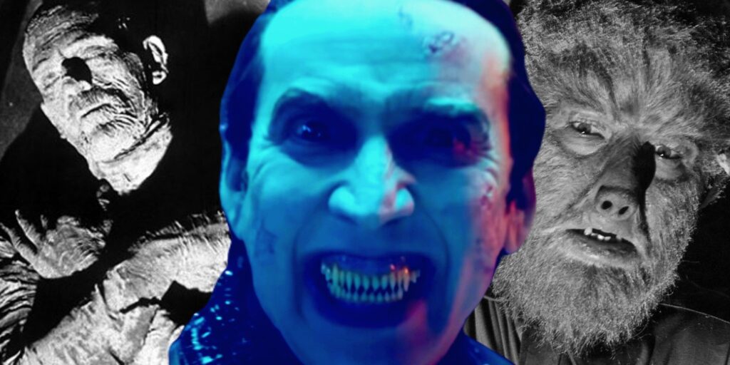 Boris Karloff as The Mummy, Nicolas Cage as Renfield, and Lon Chaney Jr as The Wolf Man