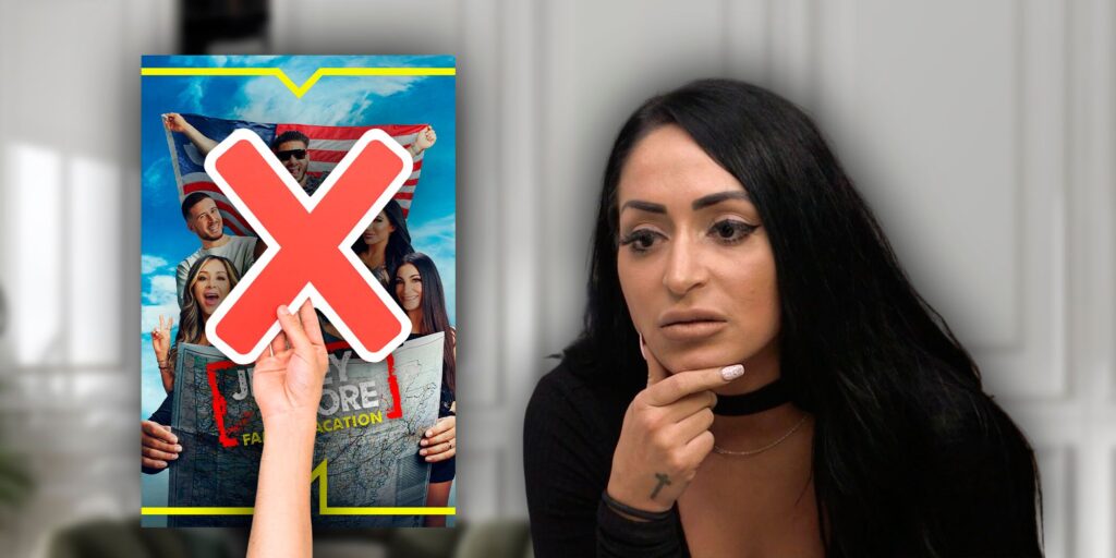 Jersey Shore Family Vacation's Angelina looking serious with an X over the show's promo poster