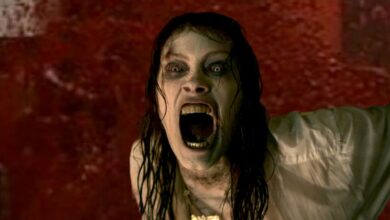 Woman from Evil Dead Rise in Front of The Shining Elevator