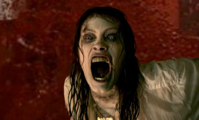 Woman from Evil Dead Rise in Front of The Shining Elevator