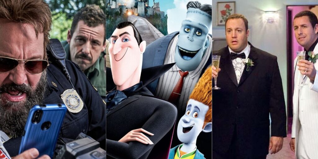 Adam Sandler and Kevin James in two side by side images.