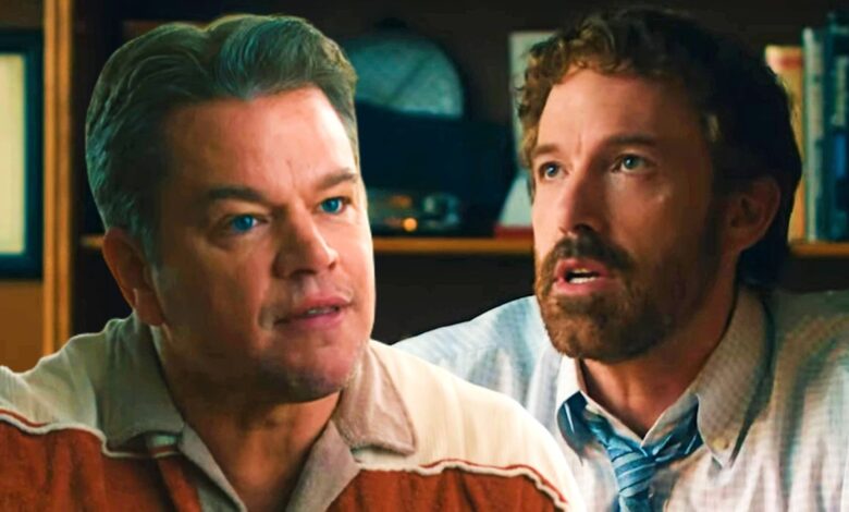 Matt Damon and Ben Affleck in the movie air dressed in period 80s clothing with period hairstyles