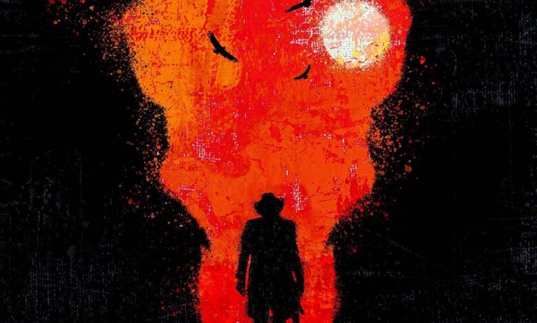 Blood Meridian Cover Art with a person in the center and birds circling in the sky