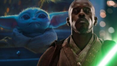 Kelleran Beq wielding his lightsaber and Grogu looking at the fireworks of Tatooine