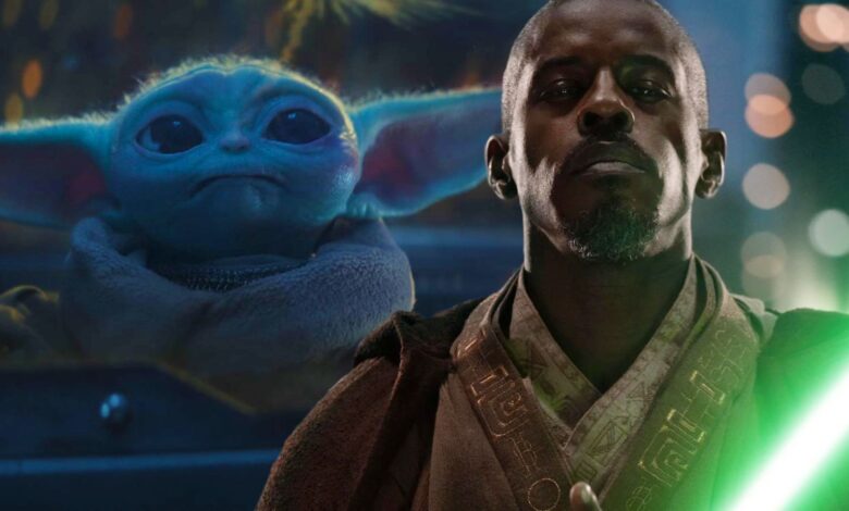 Kelleran Beq wielding his lightsaber and Grogu looking at the fireworks of Tatooine