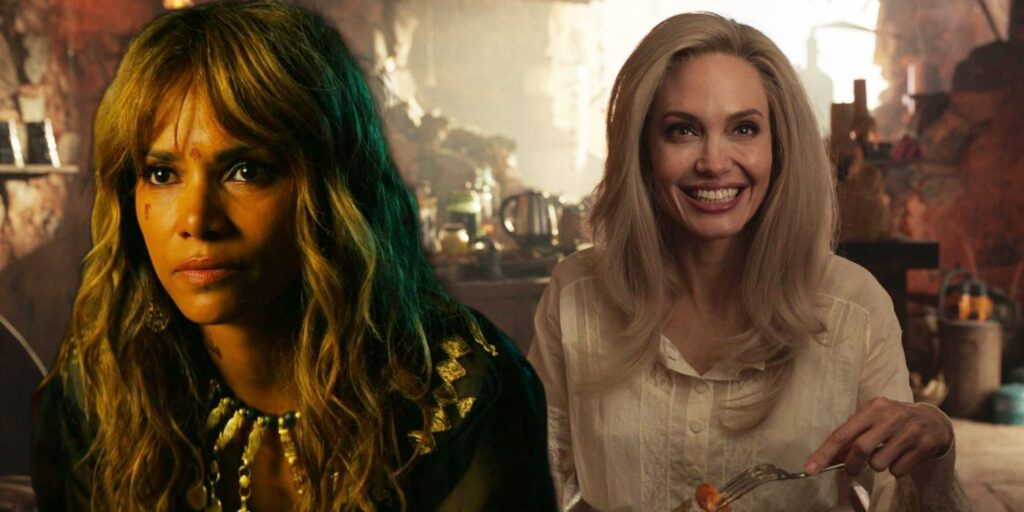 Blended image of Halle Berry from John Wick 3 and Thena smiling in Eternals