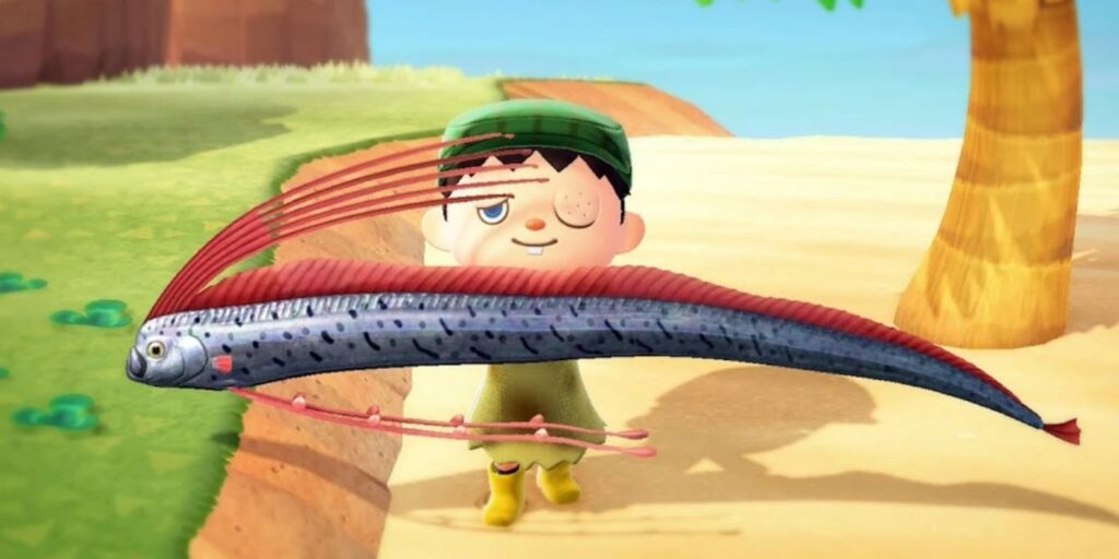 A player catching an Oarfish in Animal Crossing New Horizons
