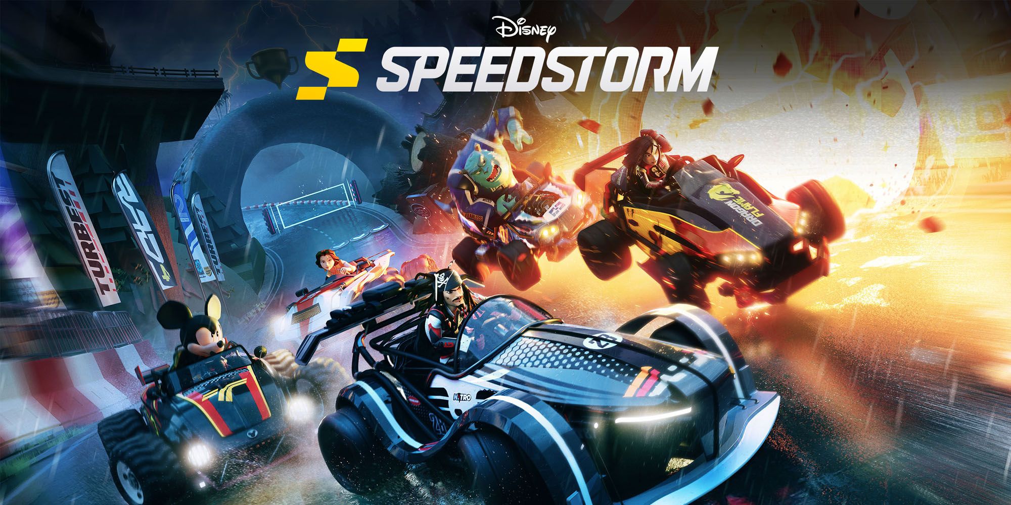 A promo image for kart racer Disney Speedstorm featuring various Disney characters battling for the lead with Jack Sparrow at the front of the pack.