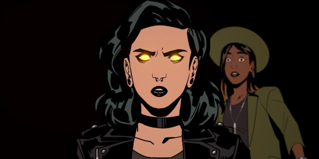 Stray Gods protagonist Grace with glowing yellow eyes in front of her friend Freddie.