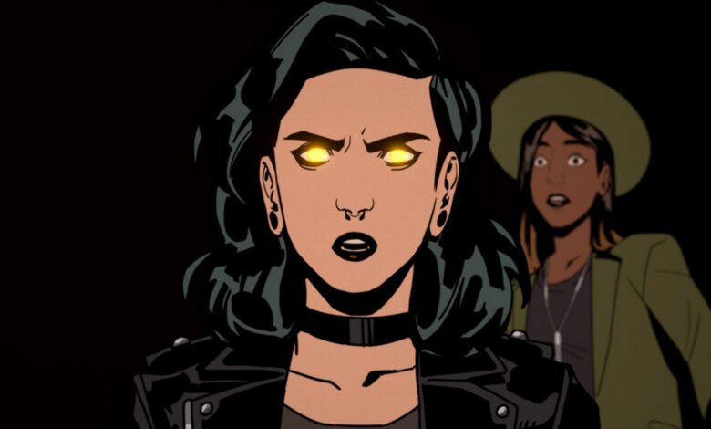 Stray Gods protagonist Grace with glowing yellow eyes in front of her friend Freddie.