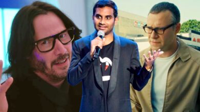 Custom image of Aziz Ansari, Keanu Reeves, and Seth Rogen.