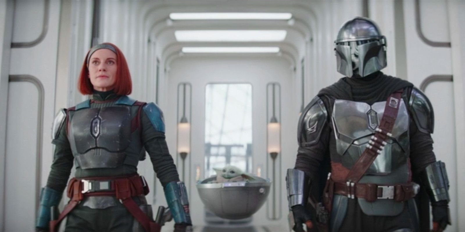 Bo-Katan Kryze, Grogu, and Din Djarin in The Mandalorian.