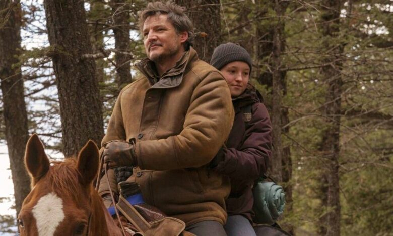 Joel and Ellie riding a horse in The Last of Us