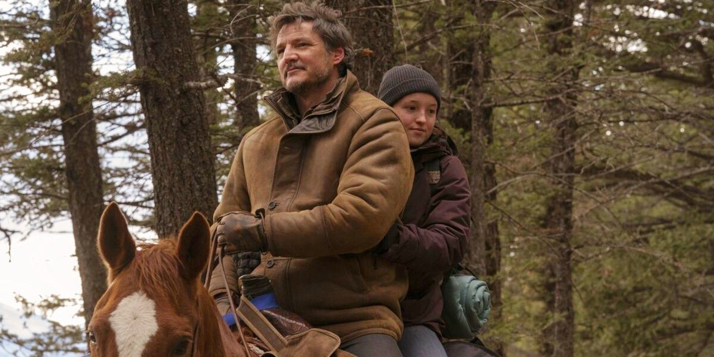 Joel and Ellie riding a horse in The Last of Us