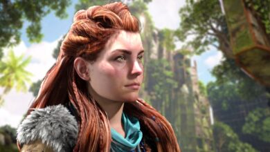 A cut-out of Aloy with a neutral expression behind a blurred image of a dilapidated, overgrown structure in Horizon Forbidden West Burning Shores.