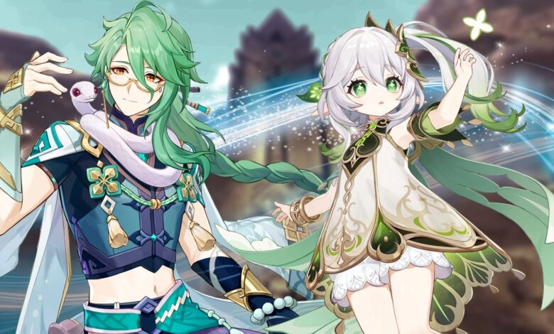 Genshin Impact's Baizhu on the left and Nahida on the right. Behind them is a blue flow of energy and in the background is an image of the Sumeru desert.