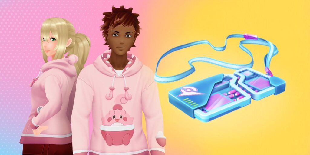 Two Pokemon go players wearing the Happiny Hoodie next to an cut-out of the Remote Raid Battle Pass in Pokemon Go.
