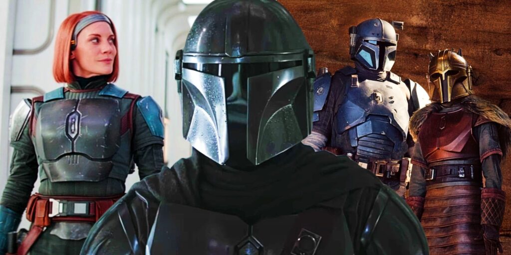 Bo-Katan, Din Djarin, Paz Visla, and the Armorer in The Mandalorian