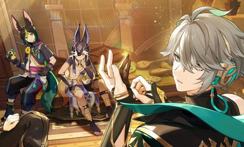 Genshin Impact's Tighnari and Cyno sit in the background, looking at the camera, while Alhaitham adjusts his gloves in their direction, but also looks backward at the camera.