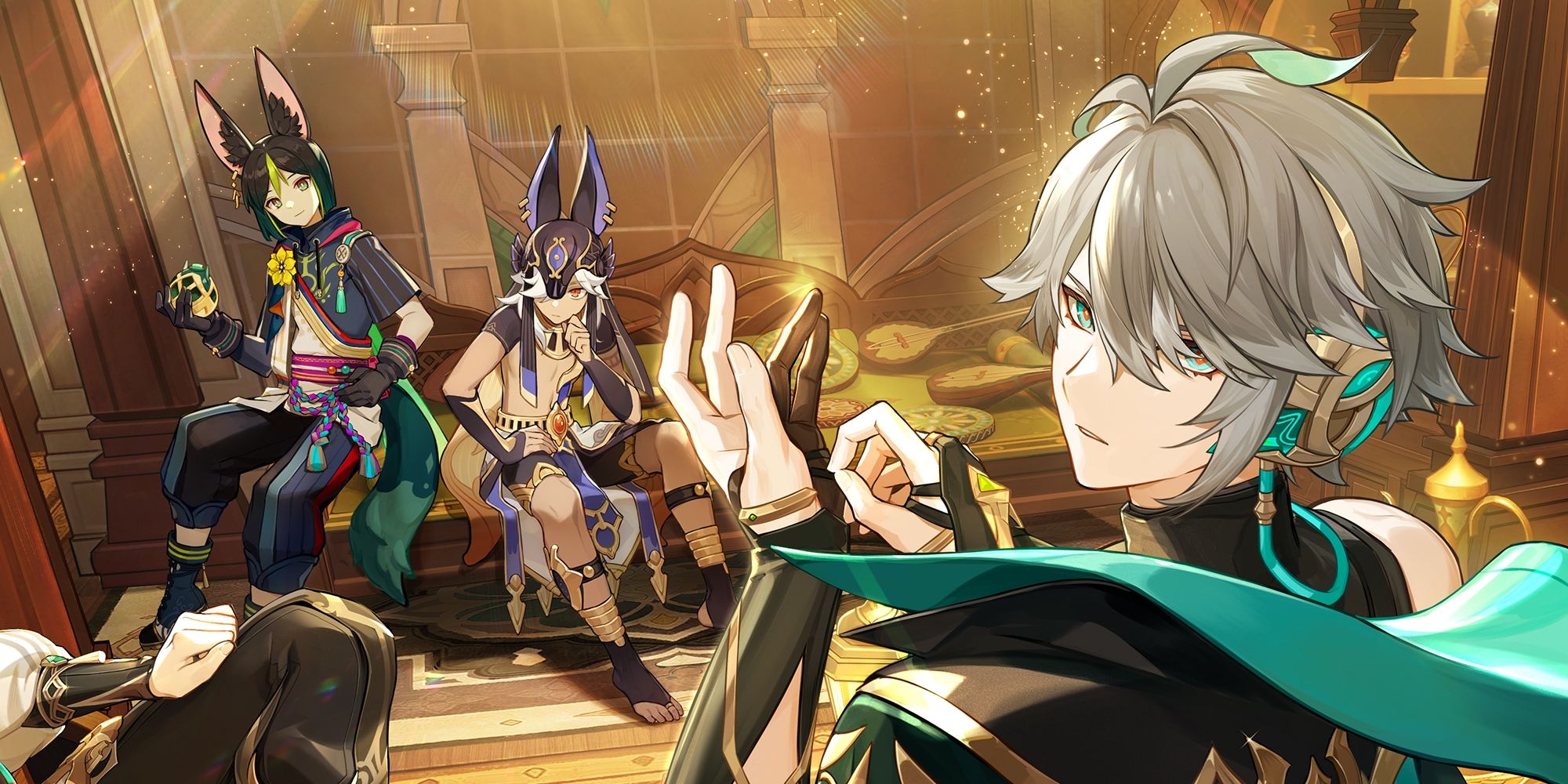 Genshin Impact's Tighnari and Cyno sit in the background, looking at the camera, while Alhaitham adjusts his gloves in their direction, but also looks backward at the camera.