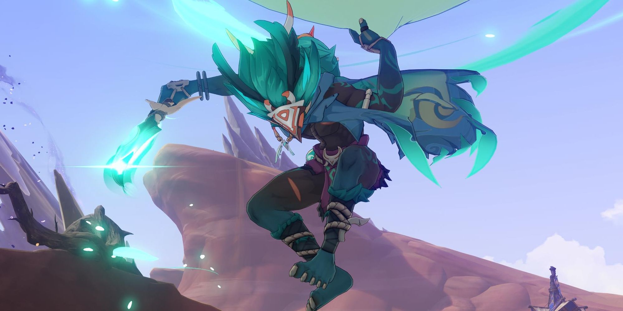 Genshin Impact's Anemo Hilichurl Rogue holds onto its Anemo infused dagger while it floats around in the Sumeru desert thanks to the Anemo Slime it hangs onto.