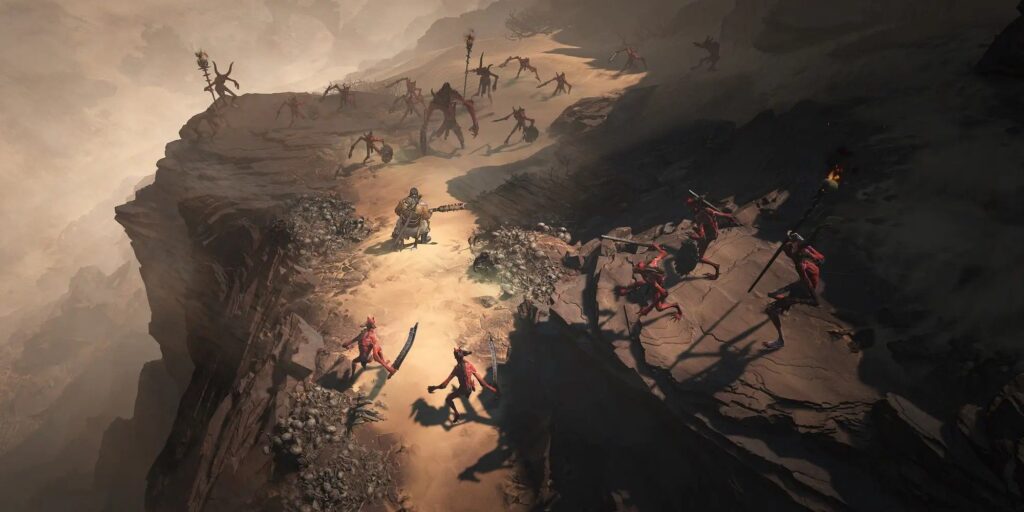 Diablo IV art of a Barbarian facing off against numerous enemies on a rocky cliff.