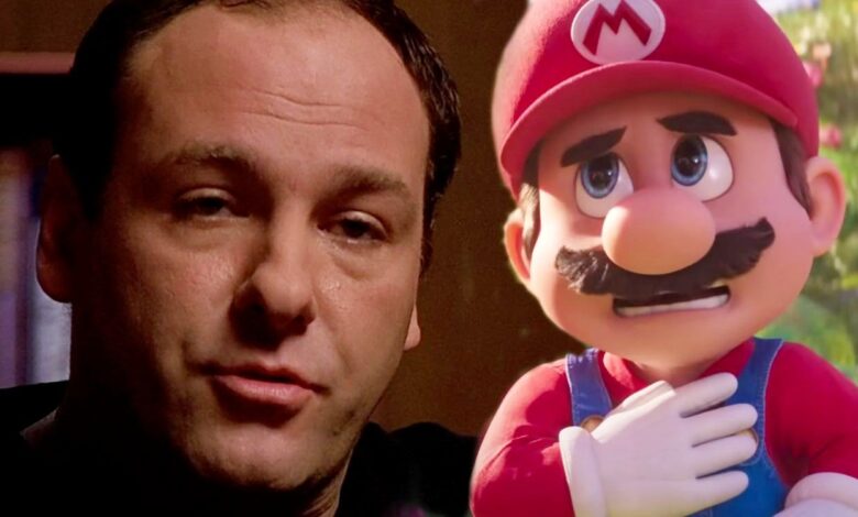 Blended image of Tony Soprano and Mario holding his chest in The Super Mario Bros Movie