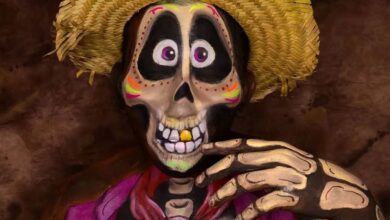 Uriel Flores body paint cosplay as Hector from Coco