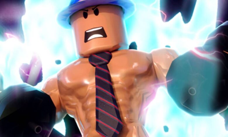 Roblox: Strongman Simulator Promotional Image with Player Working Out in Core Gameplay Loop