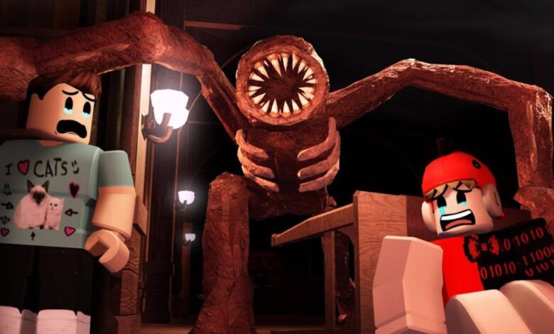 Roblox: DOORS Rogue-like Game Promotional Image with Large Monster after Two Players
