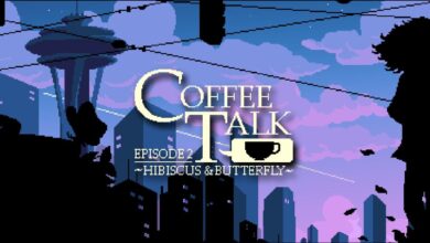 Coffee Talk Episode 2 Key Art showing the title against a Seattle backdrop with the Space Needle in the background and a shadowed figure on the right.